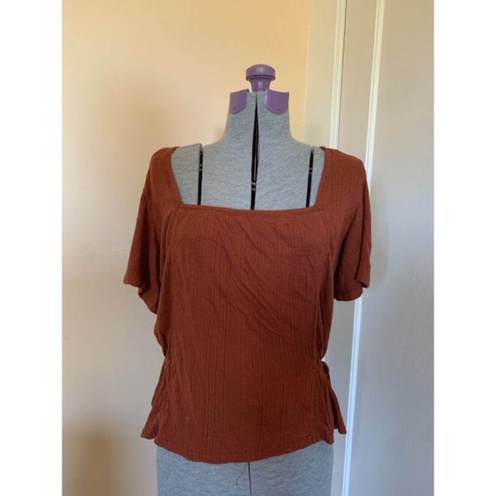 Lucky Brand Womens Square Neck Short Sleeve‎ Ribbed Top Rust Orange L